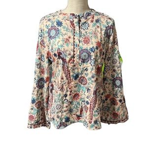 Kinikiss Long Sleeve Shirt Blouse Button Up Tan Pink Peacock Floral Womens XL